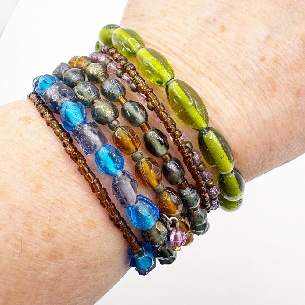 Memory Wire Stacked Bracelet Bangles Blue Green Purple Seed Glass Beads